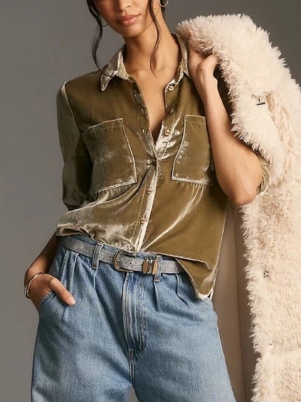 Anthropologie Hadley Relaxed Velvet Button-Up Shirt by PILCRO